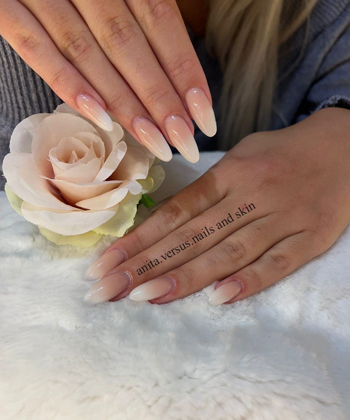 Lange amandelvormige nagels met een verloop van roze naar wit, naast een roze roos